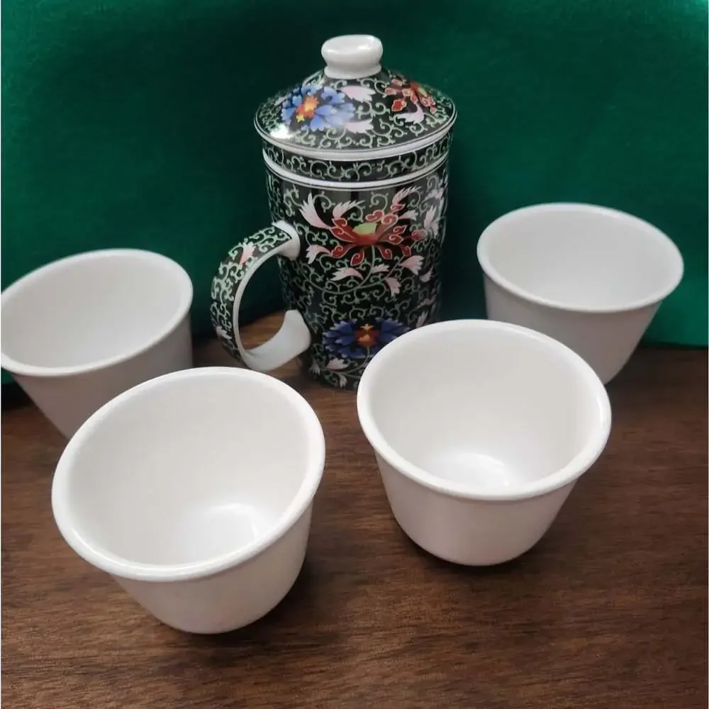 Chinese Dajin Porcelain Tea Set Black Floral Infuser Teapot Mug 4 Cups 6pc Set